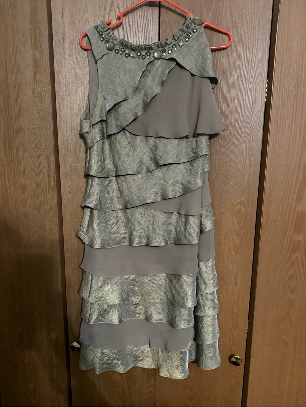 dressbarn Metallic Gray Tiered Ruffle Midi Dress with Beaded Neckline